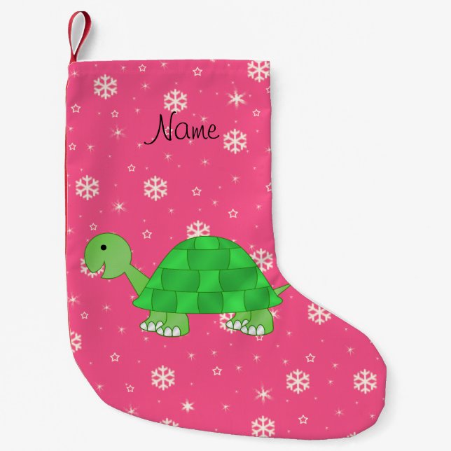 Personalised name turtle pink snowflakes small christmas stocking (Front)
