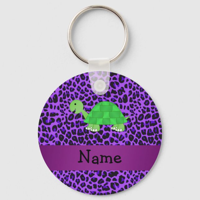 Personalised name turtle purple leopard pattern key ring (Front)