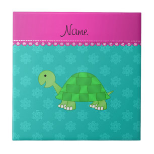 Personalised name turtle turquoise snowflakes tile