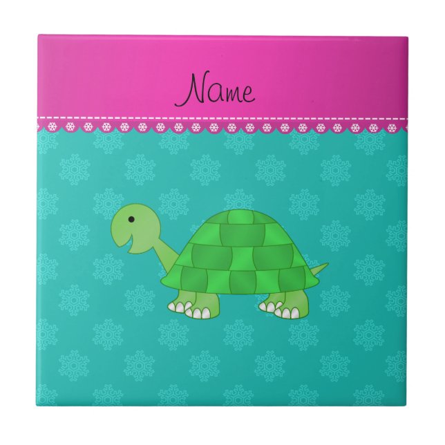 Personalised name turtle turquoise snowflakes tile (Front)