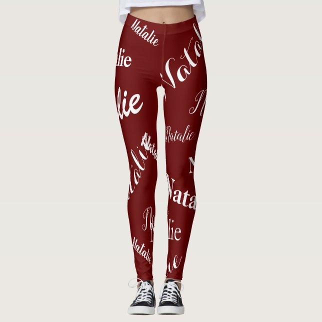 Personalised Name Typography Font Burgundy Red Leggings (Front)