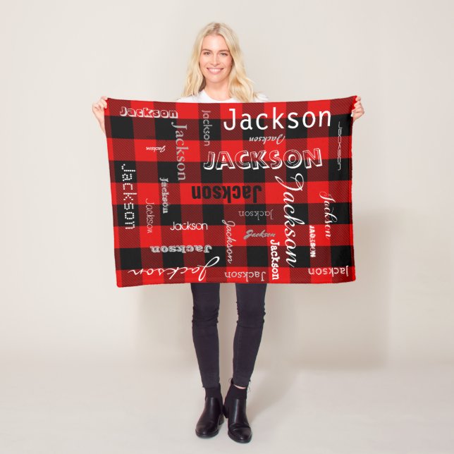 Personalised Name Typography Red Buffalo Plaid Fleece Blanket (In Situ)