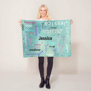 Personalised Name Typography Teal Mermaid Scales Fleece Blanket
