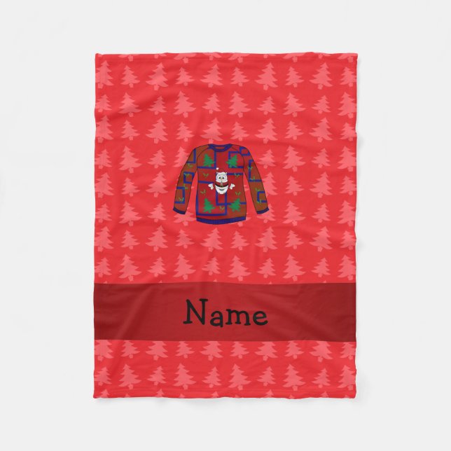Personalised name ugly christmas sweater red trees fleece blanket (Front)