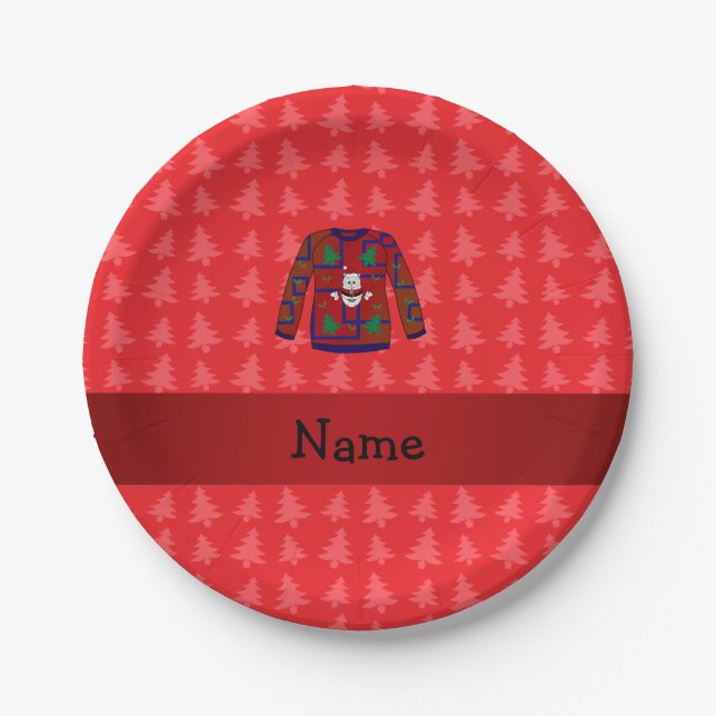 Personalised name ugly christmas sweater red trees paper plate (Front)