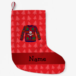 Personalised name ugly christmas sweater red trees small christmas stocking