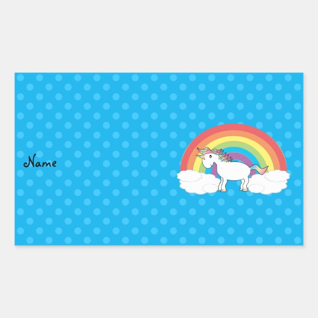 Personalised name unicorn blue polka dots rectangular sticker (Front)