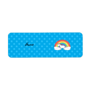 Personalised name unicorn blue polka dots return address label