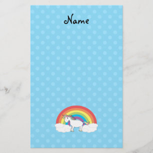 Personalised name unicorn blue polka dots stationery