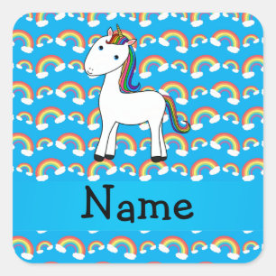 Personalised name unicorn blue rainbows square sticker