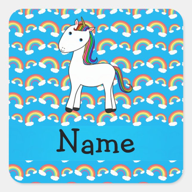 Personalised name unicorn blue rainbows square sticker (Front)