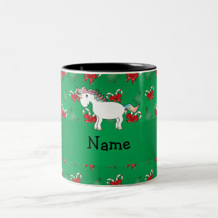 Personalised name unicorn green candy canes bows Two-Tone coffee mug