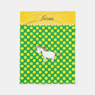 Personalised name unicorn green yellow polka dots fleece blanket