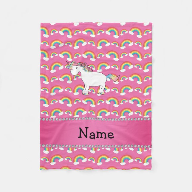 Personalised name unicorn pastel pink rainbows fleece blanket (Front)