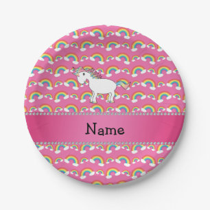 Personalised name unicorn pastel pink rainbows paper plate