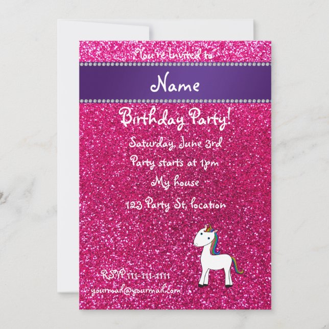 Personalised name unicorn pink glitter invitation (Front)