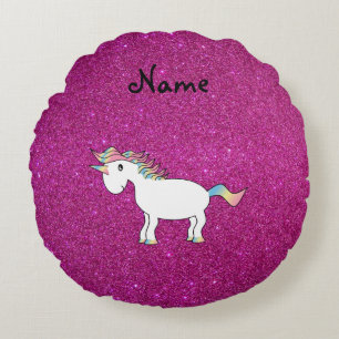 Personalised name unicorn pink glitter round cushion