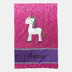 Personalised name unicorn pink glitter tea towel
