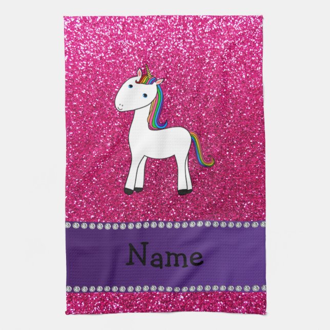 Personalised name unicorn pink glitter tea towel (Vertical)