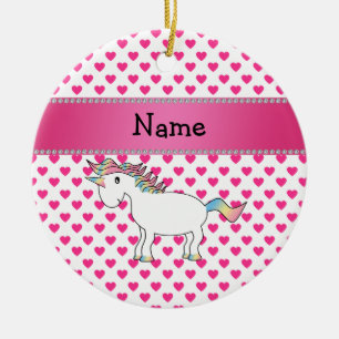 Personalised name unicorn pink hearts ceramic tree decoration