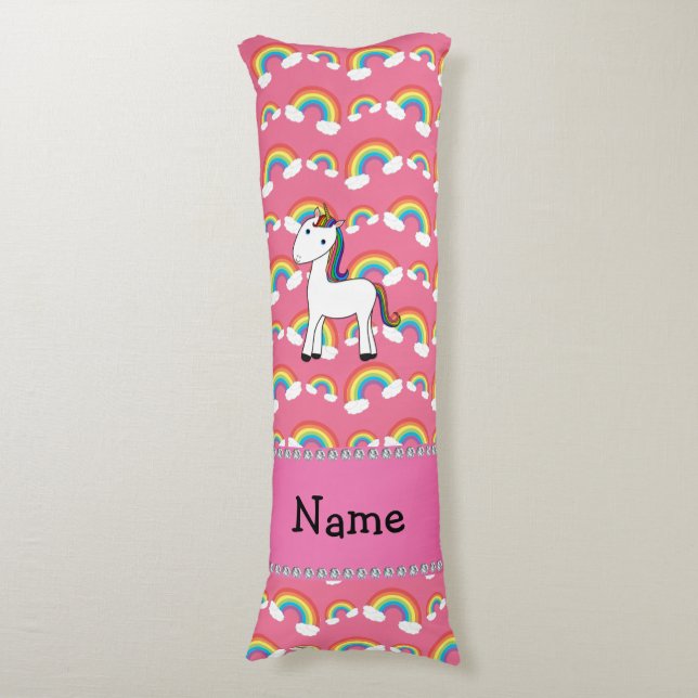 Personalised name unicorn pink rainbows body cushion (Front Vertical)
