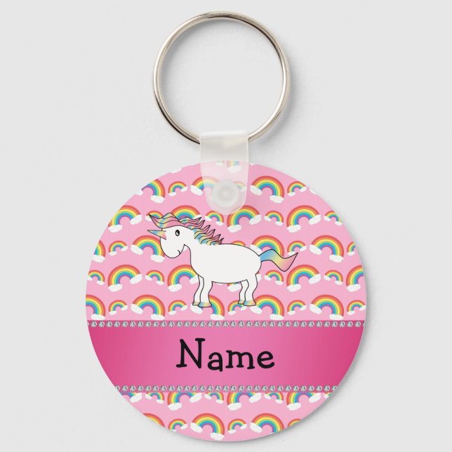 Personalised name unicorn pink rainbows key ring (Front)