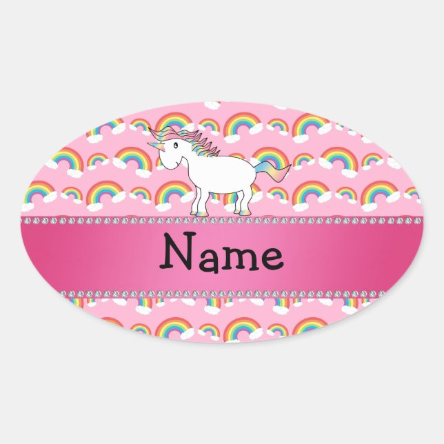 Personalised name unicorn pink rainbows oval sticker (Front)