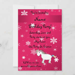 Personalised name unicorn pink snowflakes invitation