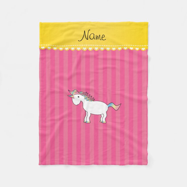 Personalised name unicorn pink stripes fleece blanket (Front)