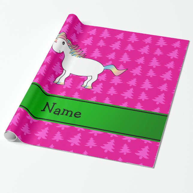 Personalised name unicorn pink trees wrapping paper (Unrolled)