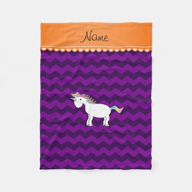 Personalised name unicorn purple chevrons fleece blanket (Front)