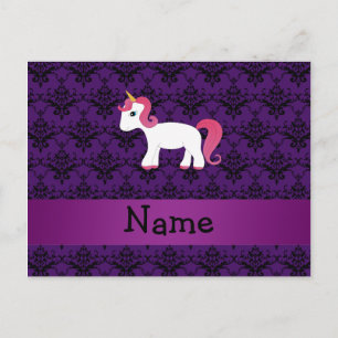 Personalised name unicorn purple damask postcard