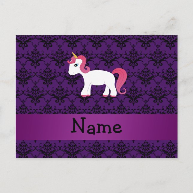 Personalised name unicorn purple damask postcard (Front)