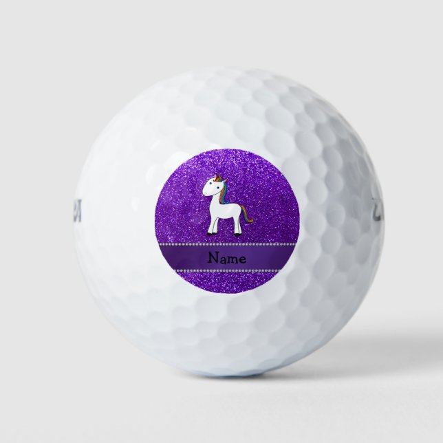 Personalised name unicorn purple glitter golf balls (Front)