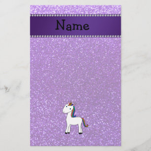 Personalised name unicorn purple glitter stationery