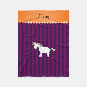 Personalised name unicorn purple stripes fleece blanket