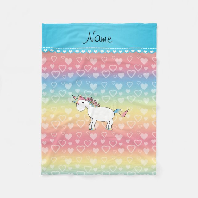 Personalised name unicorn rainbow hearts fleece blanket (Front)