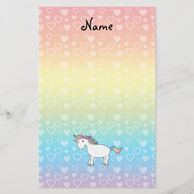 Personalised name unicorn rainbow hearts stationery (Front)