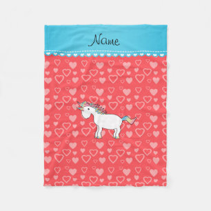 Personalised name unicorn red hearts fleece blanket