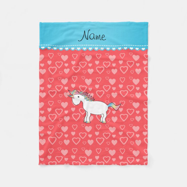 Personalised name unicorn red hearts fleece blanket (Front)