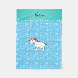 Personalised name unicorn sky blue hearts fleece blanket