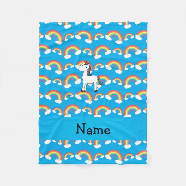 Personalised name unicorn sky blue rainbows fleece blanket (Front)