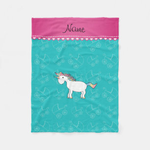 Personalised name unicorn turquoise baby carriage fleece blanket