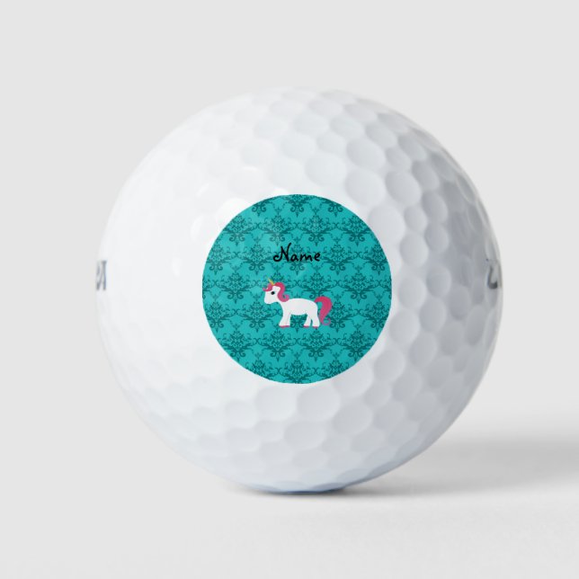 Personalised name unicorn turquoise damask golf balls (Front)