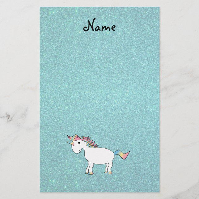 Personalised name unicorn turquoise glitter stationery (Front)