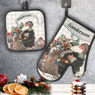 Personalised Name Vintage Santa St. Nick Xmas Oven Mitt & Pot Holder Set