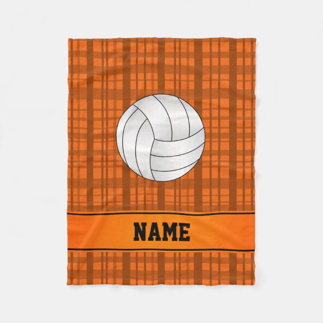 Personalised name volleyball orange plaid fleece blanket (Front)