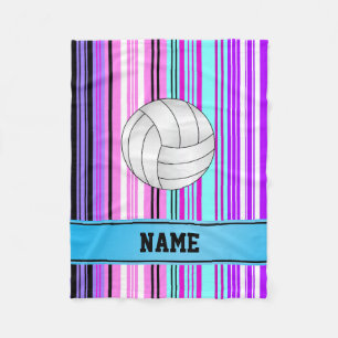 Personalised name volleyball pink purple stripes fleece blanket