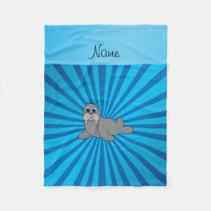 Personalised name walrus blue sunburst fleece blanket