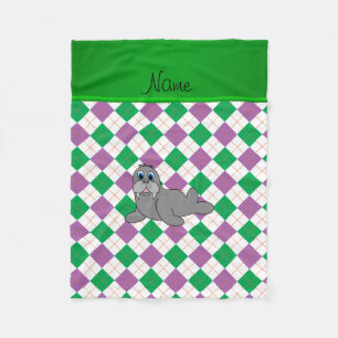 Personalised name walrus green purple argyle fleece blanket